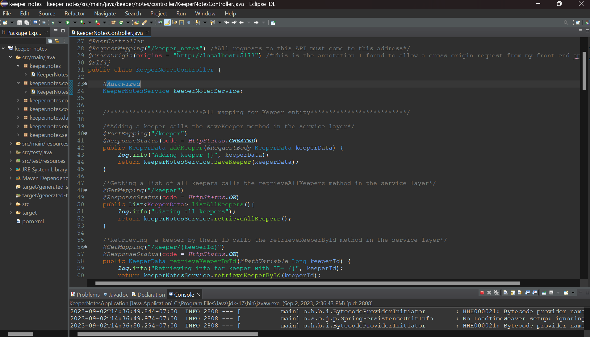 Screenshot of some of the code making up the backend